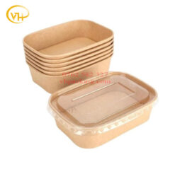 Tô giấy Kraft Chữ Nhật Nâu 750ml Kèm Nắp PP đựng thức ăn